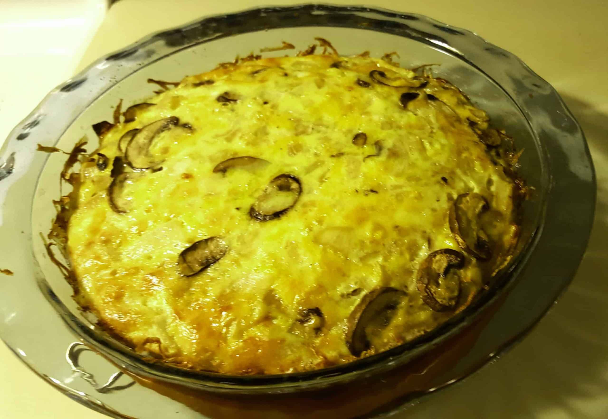 Mushroom Cheddar Quiche with Hash brown crust - Apples for CJ