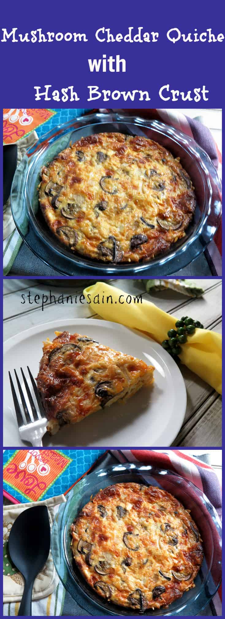 Mushroom Cheddar Quiche with Hash brown Crust is a tasty quiche with a naturally gluten free crust made from potatoes. Perfect addition for brunch or dinner. Vegetarian and Gluten Free.