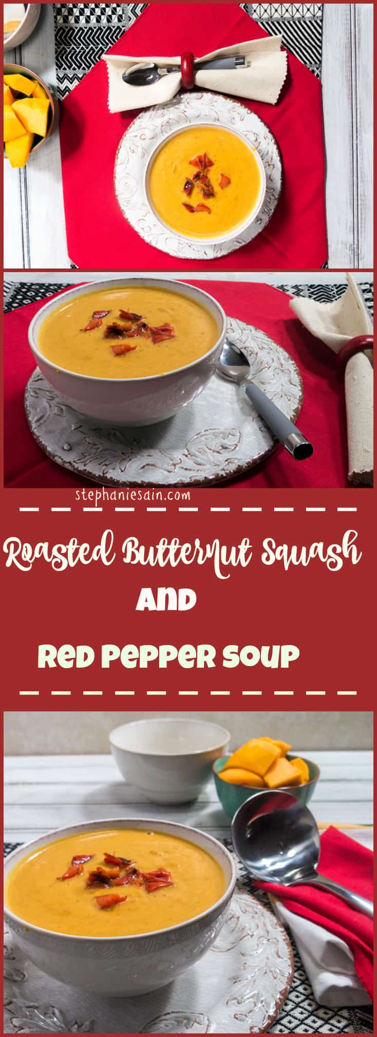 Roasted Butternut Squash & Red Pepper Soup is a creamy flavorful soup that is perfect for lunch or dinner anytime. Vegetarian and Gluten Free.