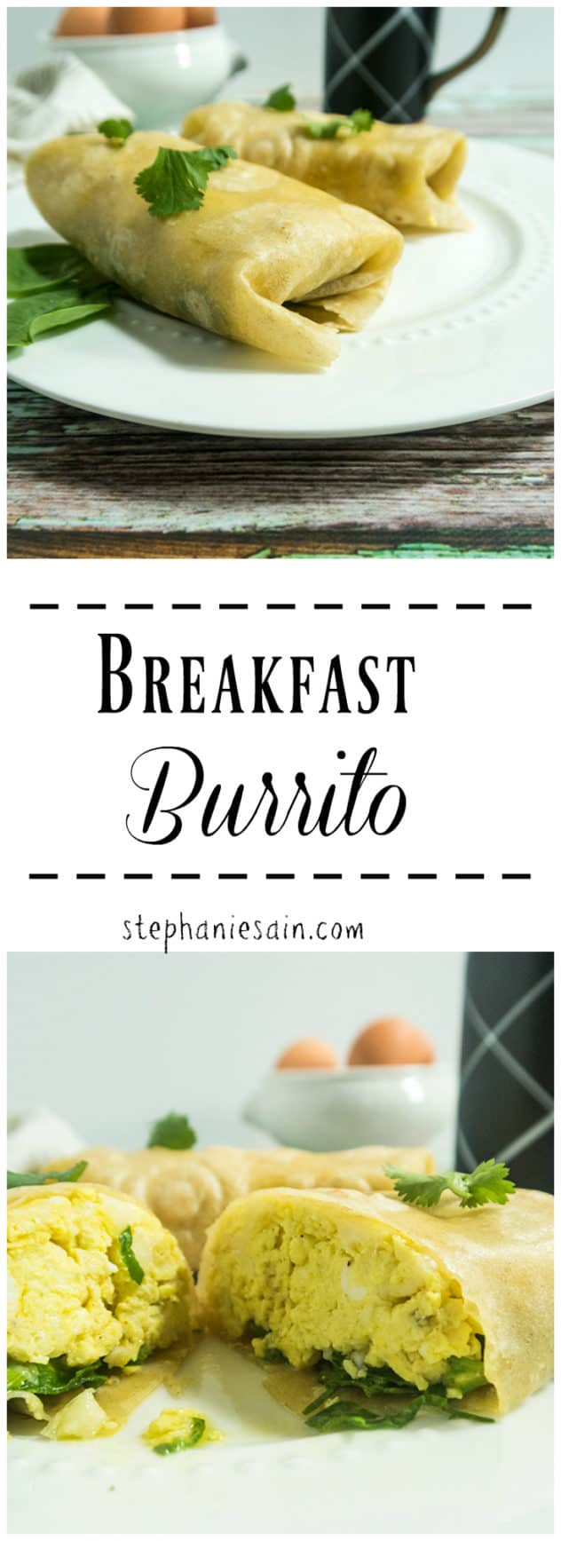 This Breakfast Burrito is the perfect Way to start the day. Loaded with scrambled eggs, spinach, and garlic for a tasty satisfying breakfast or brunch. Vegetarian & Gluten Free.