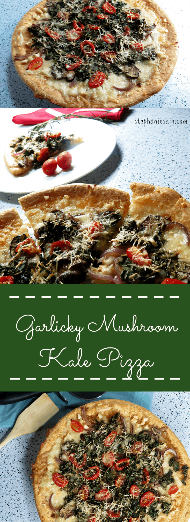 Garlicky Mushroom Kale Pizza is a great way to eat Kale. It's a healthier pizza prepared on a gluten free crust.(vegetarian) 