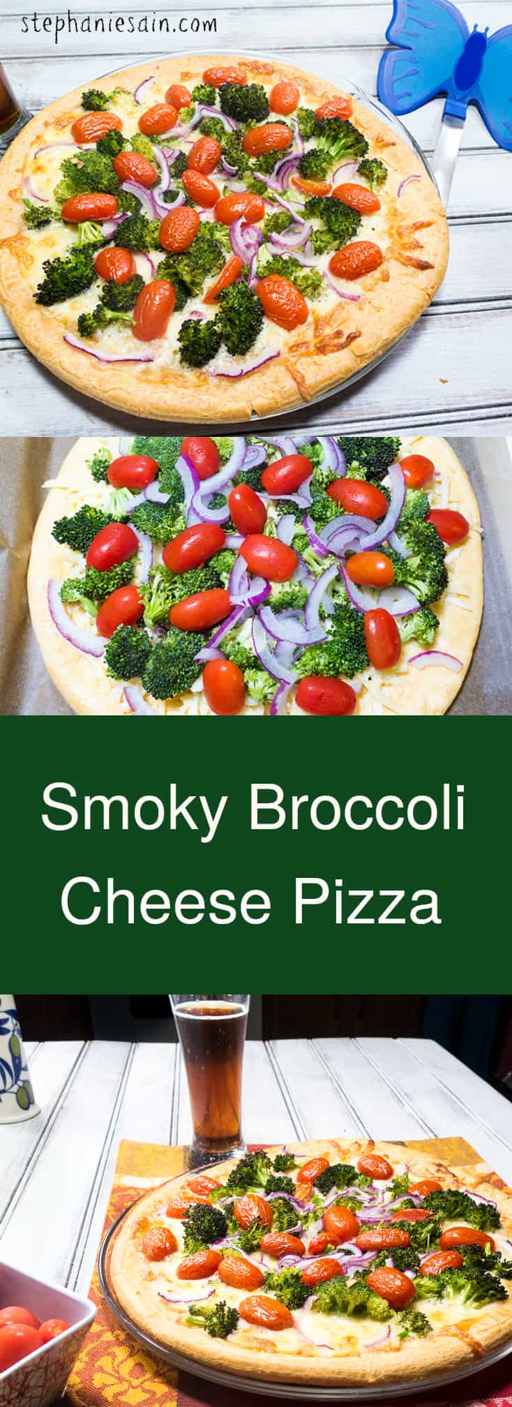 Smoky Broccoli Cheese Pizza is a tasty, easy to prepare pizza with a great smoky flavor. Vegetarian and Gluten Free.