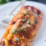 Enchilada on a white place with a silver fork and garnished with cilantro.