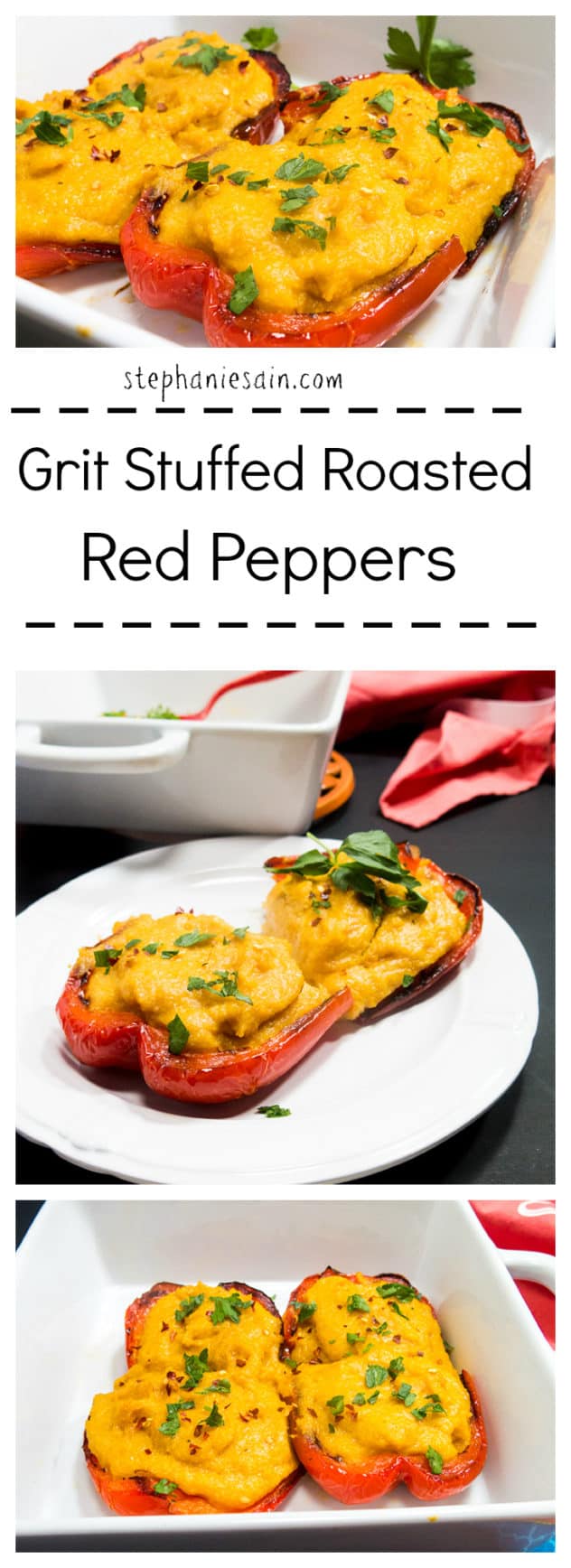 Grit Stuffed Roasted Red Peppers are a great brunch or dinner idea. Peppers roasted and then stuffed with creamy grits. Vegetarian and Gluten Free.