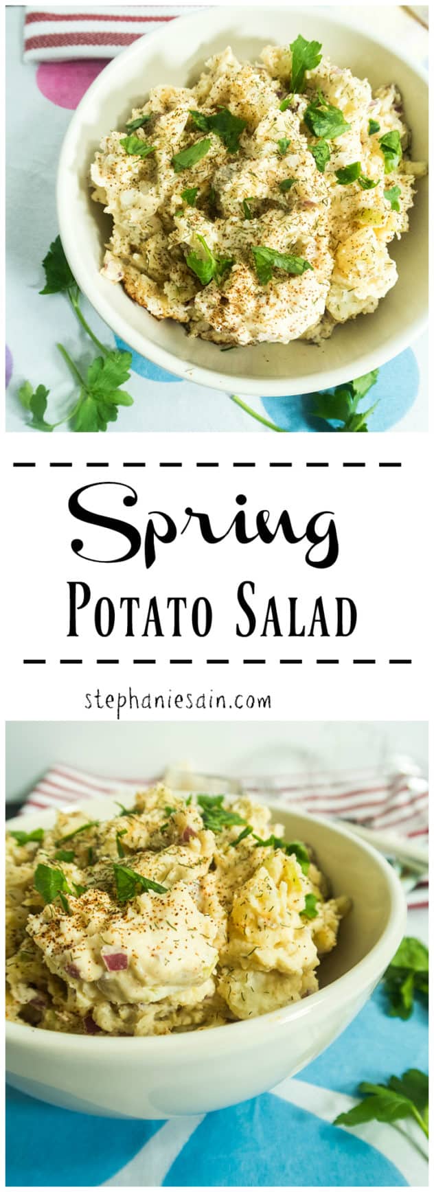 Spring Potato Salad is the perfect easy to prepare salad only requiring a few ingredients. Great for cookouts and gatherings. Vegetarian and Gluten Free.