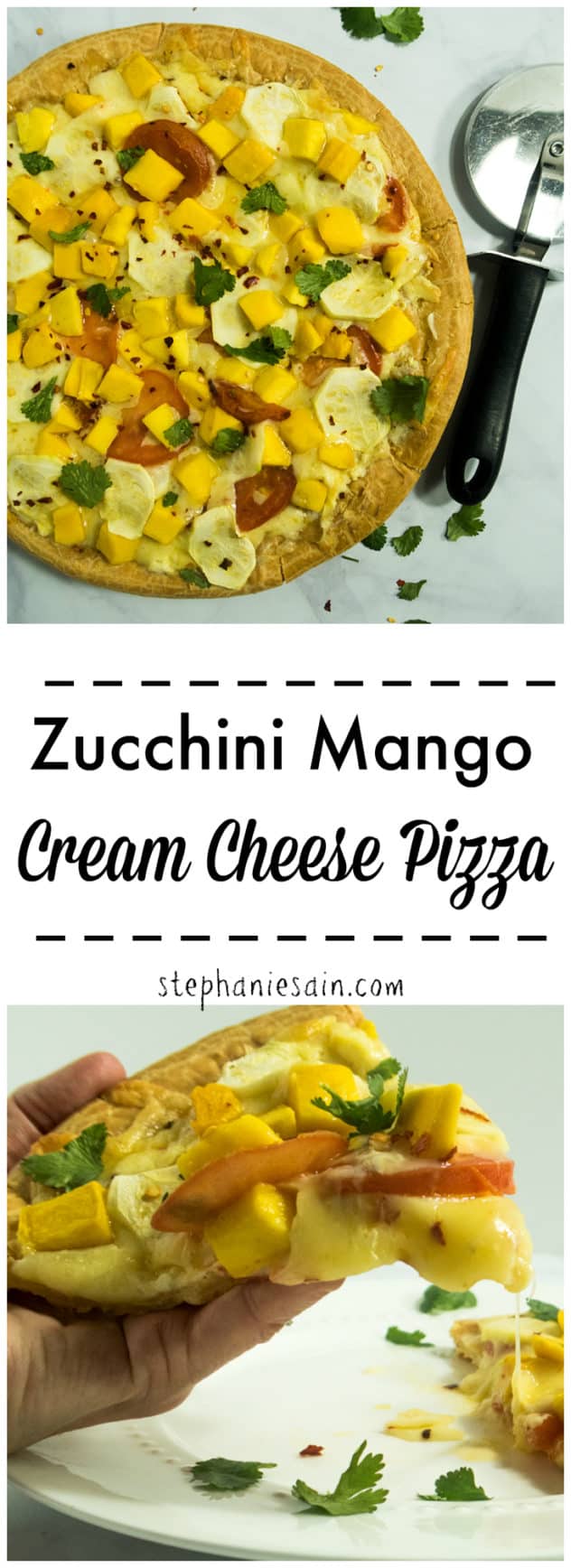 Zucchini Mango Cream Cheese Pizza is topped with cream cheese and loaded with zucchini and mango for a tasty fun way to switch up Pizza night! Vegetarian & Gluten Free.