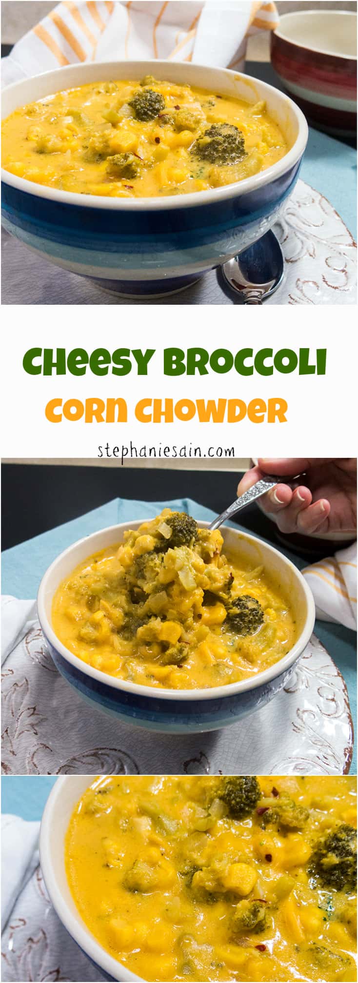 Cheesy Broccoli Corn Chowder is an easy to prepare healthy chowder packed with lots of broccoli and corn. Vegetarian and Gluten Free.