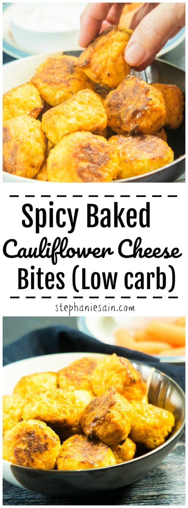 These Spicy Baked Cauliflower Cheese Bites are spicy, cheesy, flavorful little hand held bites perfect for an appetizer, game day, or even dinner with some sides. Gluten Free & Low Carb.