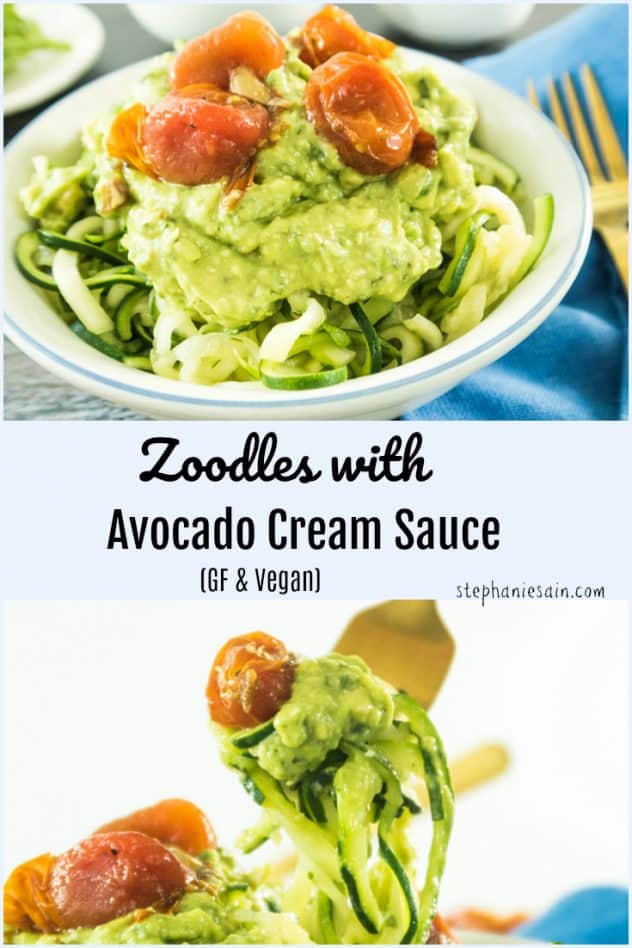 These Zoodles with Avocado Cream Sauce are super easy, delicious, & a quick meal to serve. A creamy delicious sauce topped on zucchini noodles or would even be great on other things. Gluten Free & Vegan.