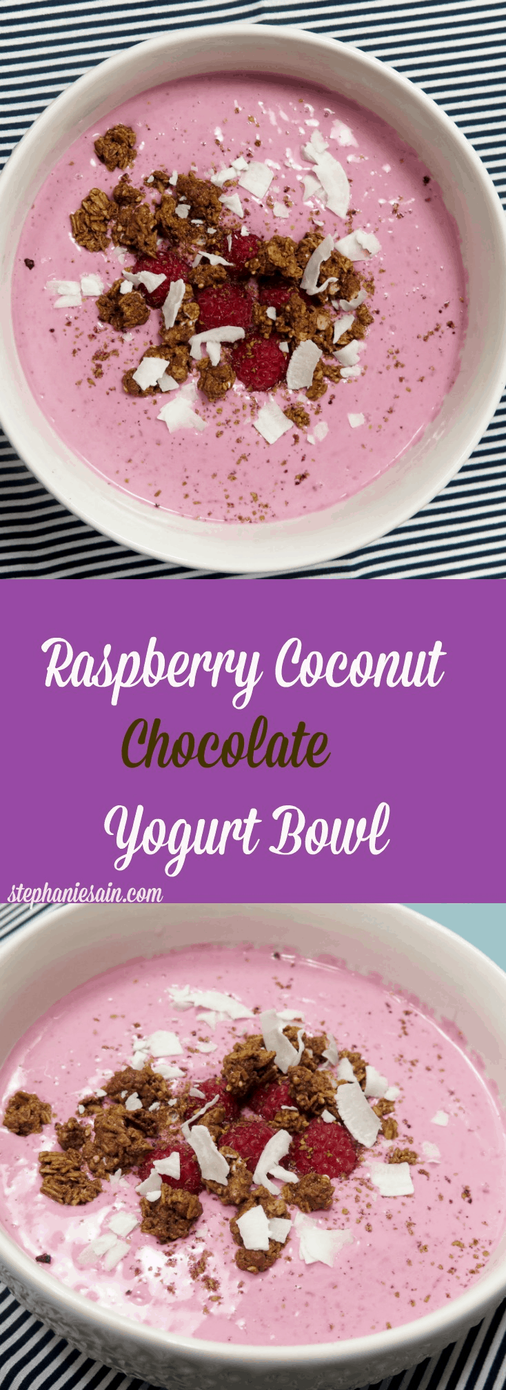 Raspberry Coconut Chocolate Yogurt Bowl is a healthy, tasty, snack or breakfast. Vegetarian and Gluten Free.