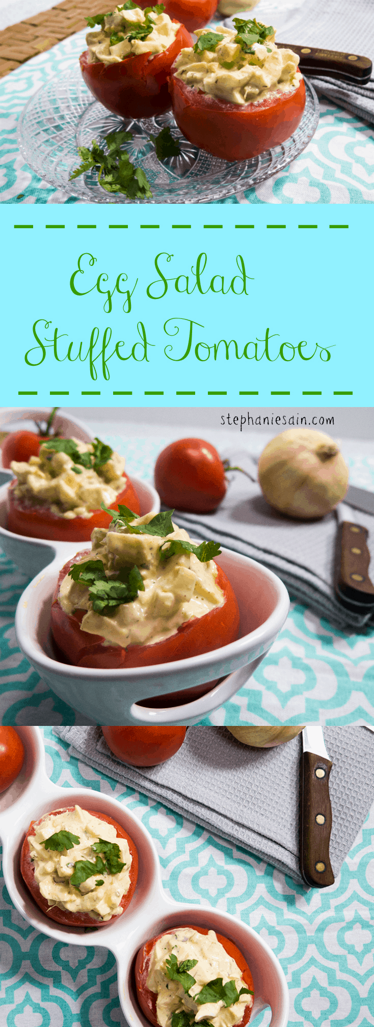 Egg Salad Stuffed Tomatoes make the perfect light lunch or dinner. It's a healthy quick meal that's low in carbs, vegetarian, and gluten free.