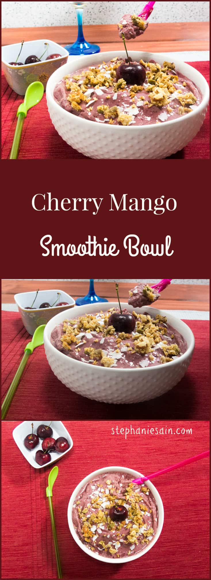 Cherry Mango Smoothie Bowl is packed with cherries and mangos for the perfect breakfast or snack. Toppings customizable.