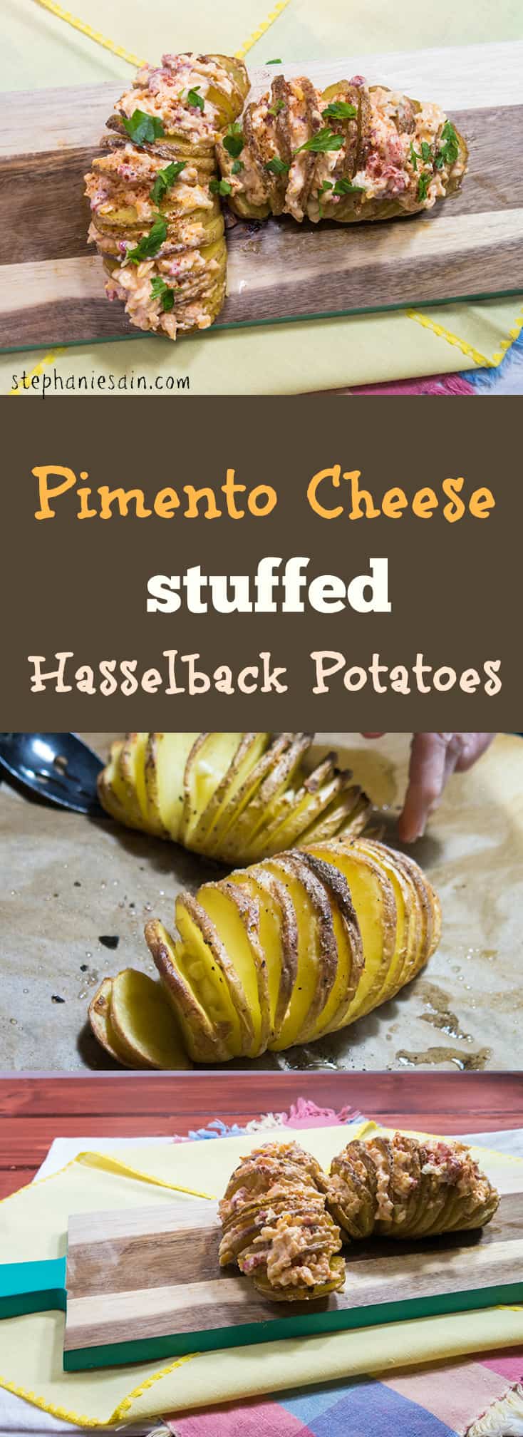 Pimento Cheese Stuffed Hasselback Potatoes are a tasty side dish or also great served as an appetizer. Vegetarian and Gluten Free.