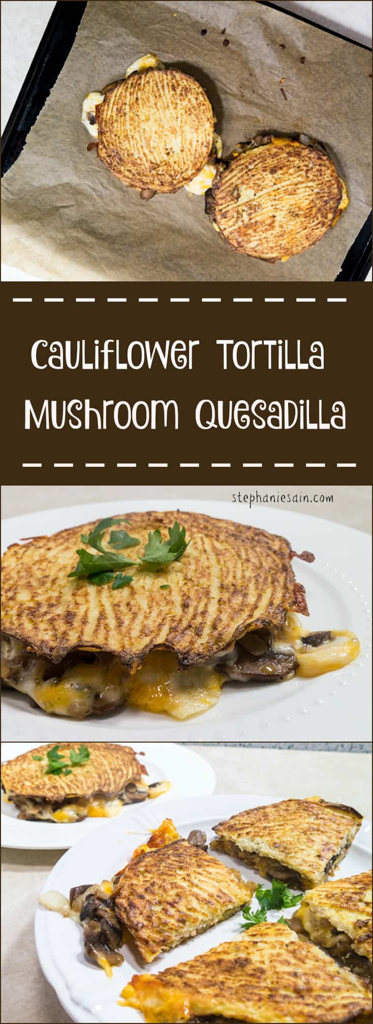 Cauliflower Tortilla Mushroom Quesadilla is a healthy tortilla made from cauliflower and then loaded with lots of mushrooms and cheese. Vegetarian and Gluten Free.