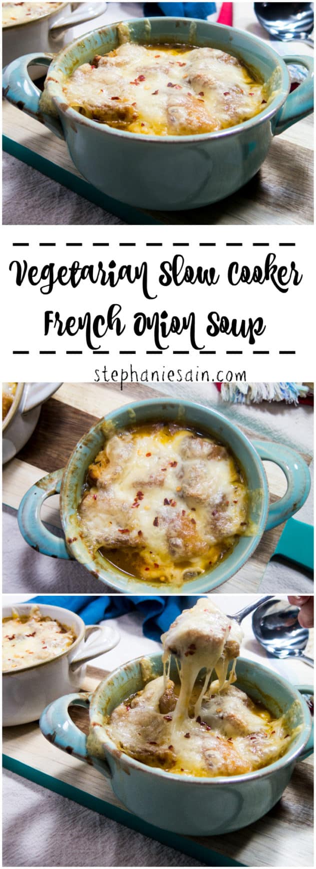Vegetarian Slow Cooker French Onion Soup is a hearty, tasty soup that is perfect for all your Fall evenings. Great on its own or served with salad. Vegetarian and Gluten Free.