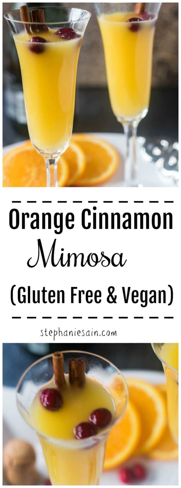 This Mimosa recipe is a classic and super easy to make. Perfect for a holiday celebration or special brunch. Champagne and orange juice combined for the perfect tasty drink and garnished with cinnamon sticks and cranberries. Vegan & GF. 