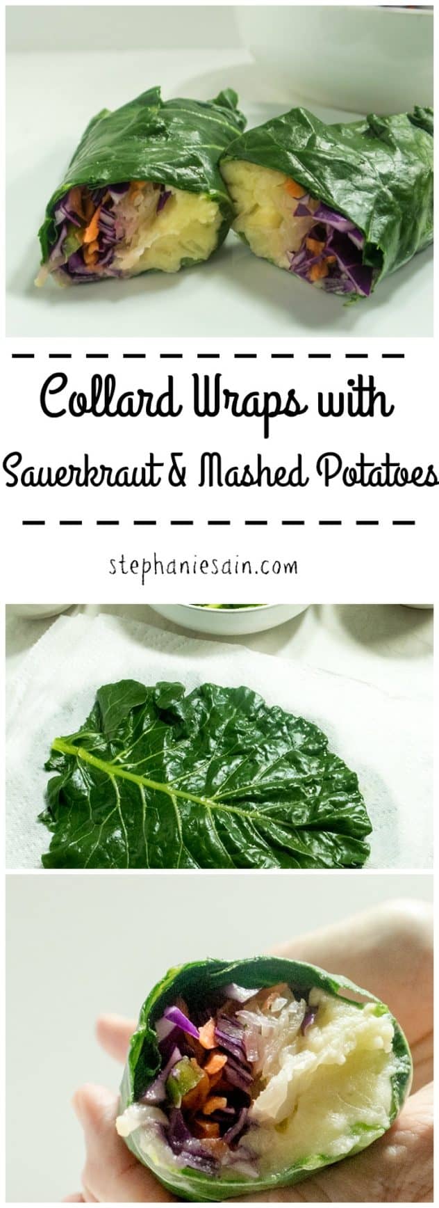 Collard Wraps with Sauerkraut & Mashed Potatoes are an easy, healthy, tasty meal that can be customized with any of your favorite fillings. Vegetarian, Gluten Free, & Vegan option.