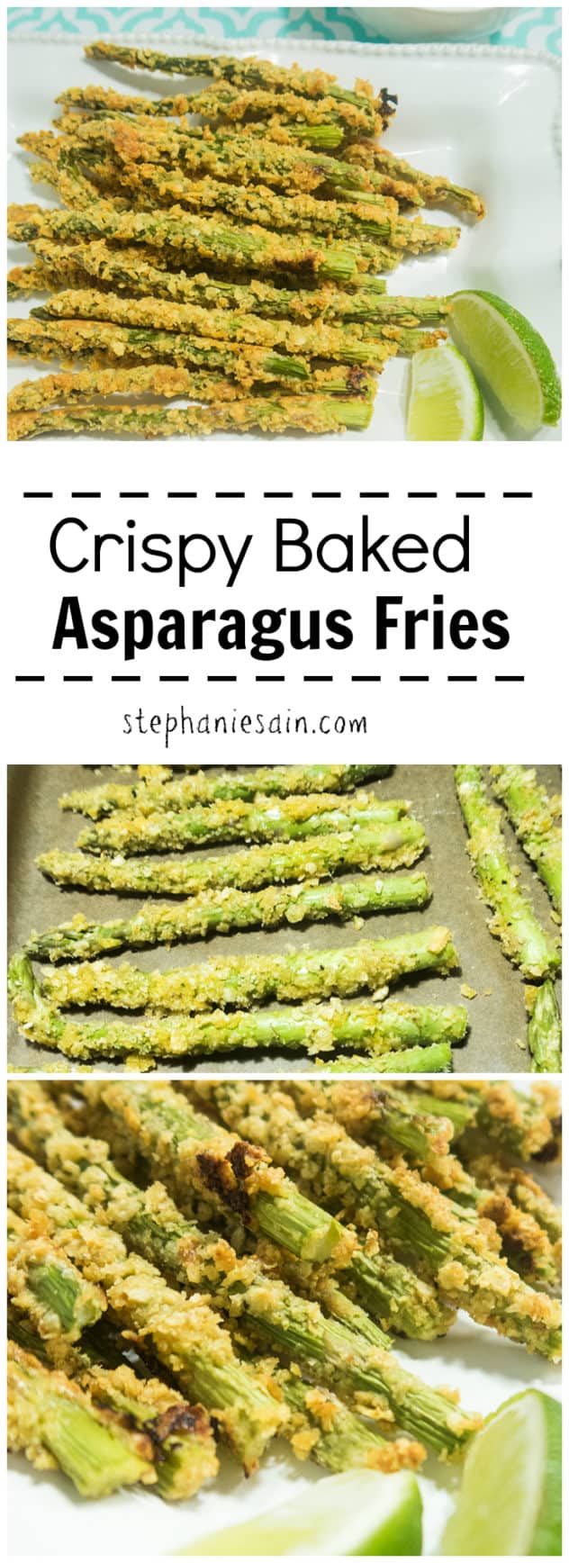 Crispy Baked Asparagus Fries are a tasty healthier version for fries. They are the perfect side with almost anything or could even be served as an appetizer. Vegetarian & Gluten Free.