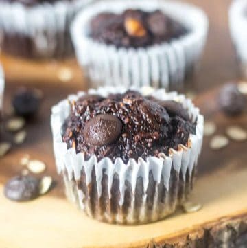 Chocolate Muffins loaded with chocolate chips and oatmeal.