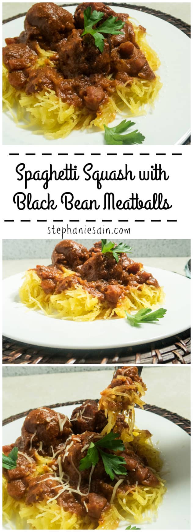 Spaghetti Squash with Black Bean Meatballs is a healthier, tasty version for spaghetti & meatballs. Lower carb, Vegan, and Gluten Free.