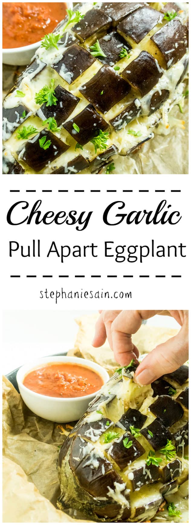 Cheesy Garlic Pull Apart Eggplant is an easy to prepare tasty appetizer or main course option. Low in carbs, vegetarian, and gluten free.