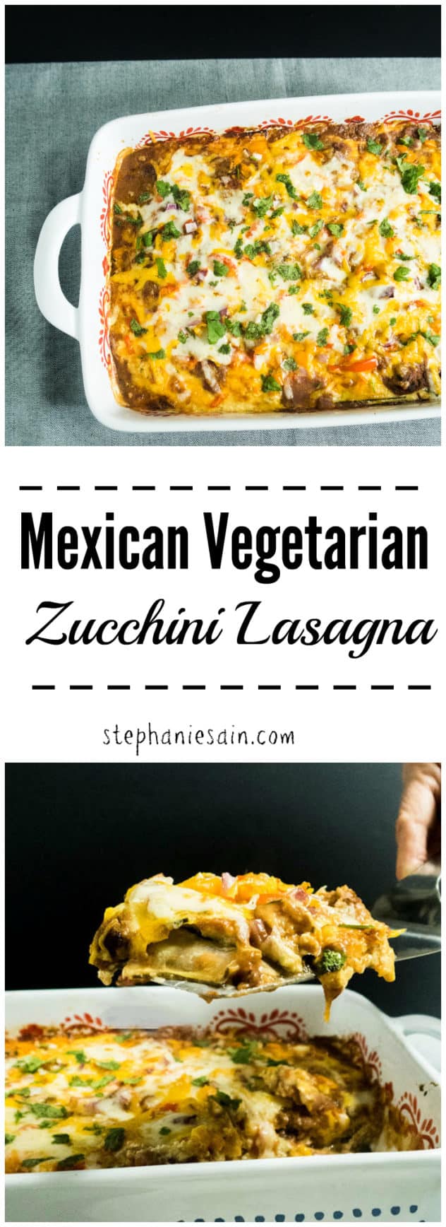 Mexican Vegetarian Zucchini Lasagna has all the flavors of Mexican and Italian combined. The perfect, tasty, healthy dinner for any night of the week. Gluten Free & Vegetarian.