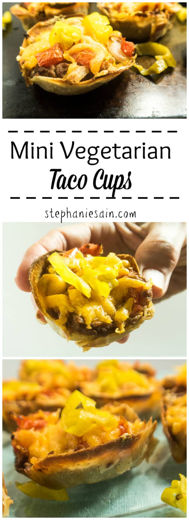 Mini Vegetarian Taco Cups are made in a muffin tin and filled with re-fried beans and then topped with your favorites. Portable, kid friendly. Gluten Free & Vegetarian.