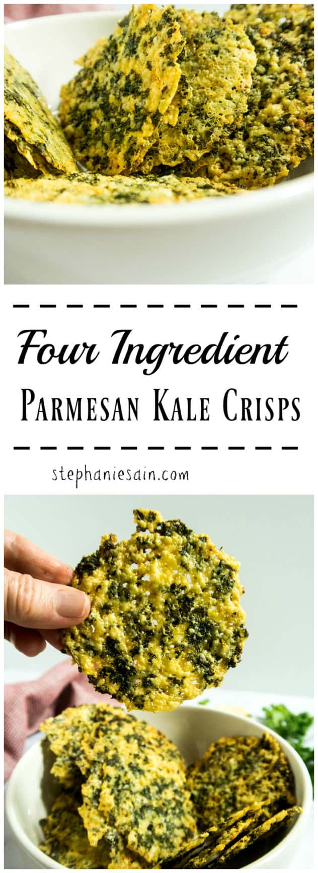 Four Ingredient Parmesan Kale Crisps are a tasty, low carb snack or appetizer. Also great served on salads or with soup. Gluten Free & Vegetarian.
