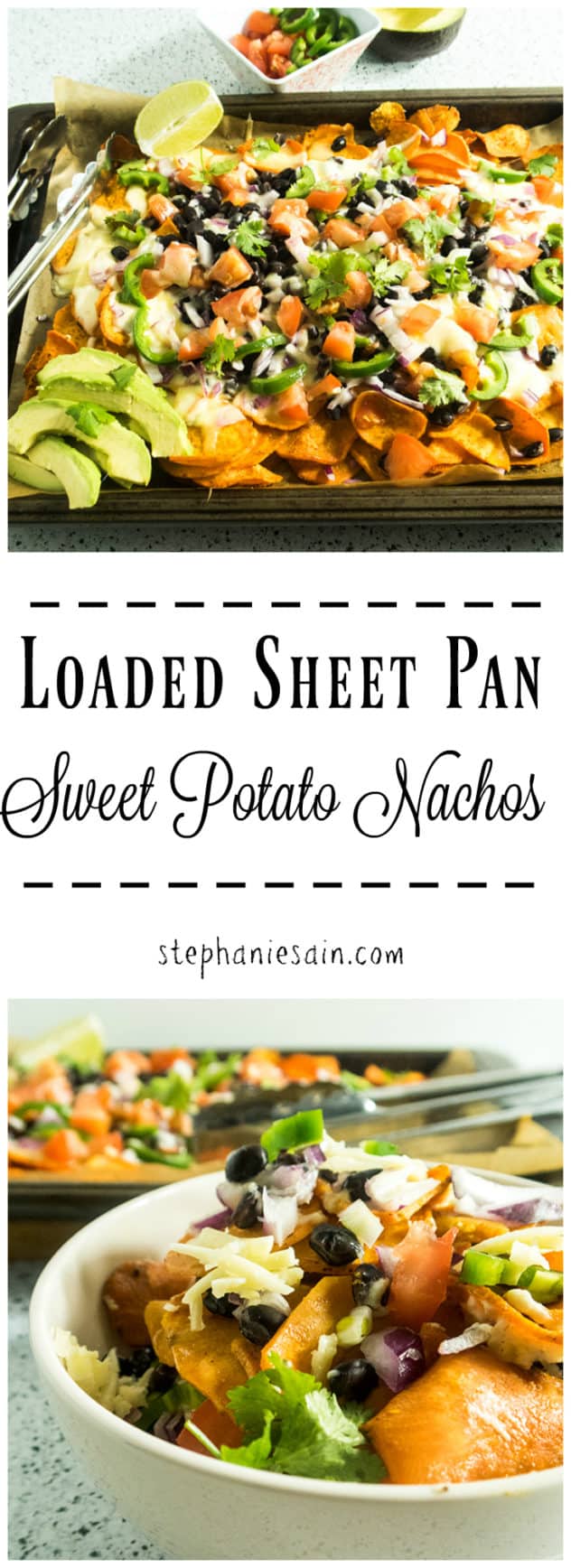 Loaded Sheet Pan Sweet Potato Nachos are a tasty, healthier twist on nachos. Topped with a creamy sauce and all your favorite nacho toppings. Vegetarian, Gluten Free & Vegan option.