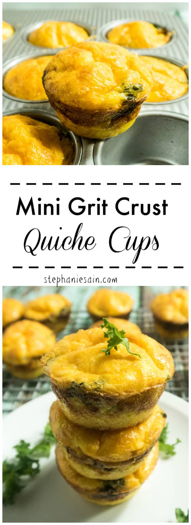 Mini Grit Crust Quiche Cups are a tasty, healthy grab and go breakfast. They can be customized with all of your favorite fillings. Gluten Free & Vegetarian.