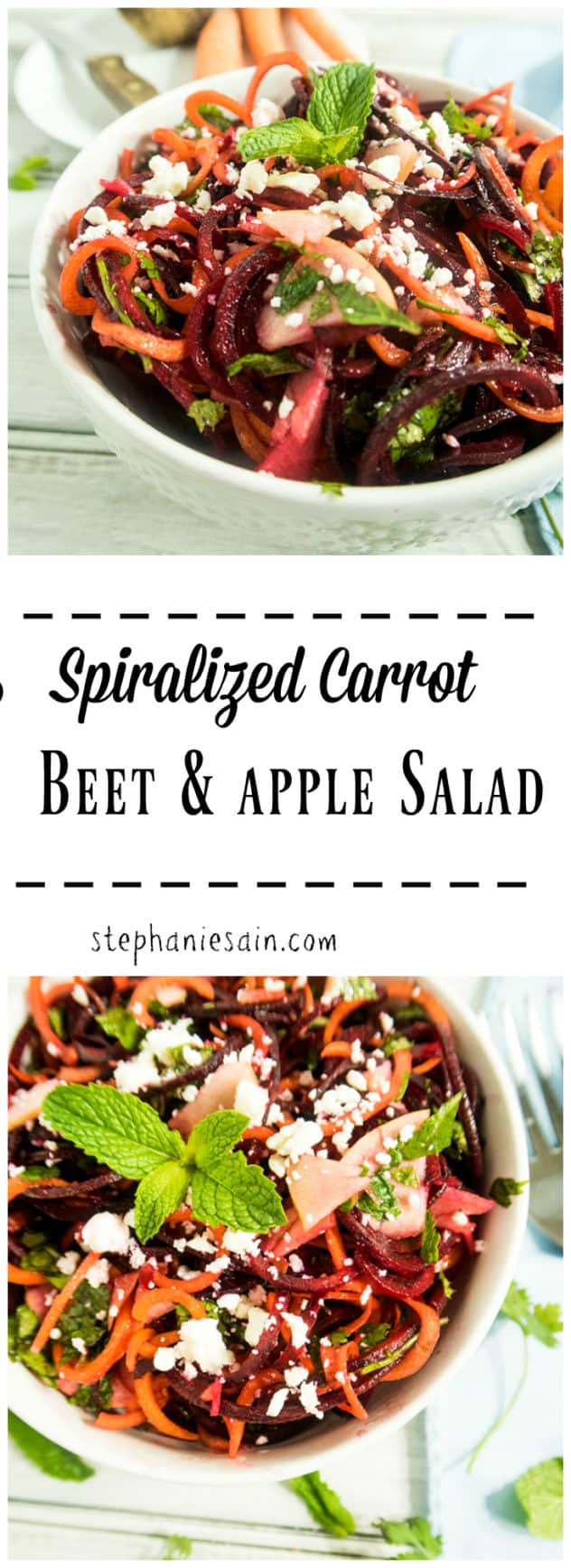 This Spiralized Carrot Beet & Apple Salad is a healthy tasty salad great made ahead and perfect for any occasion. Fun and colorful making it a great addition. Vegetarian, Gluten Free, & Vegan option.