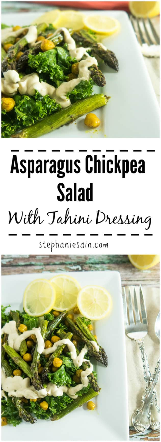 Asparagus Chickpea Salad with Tahini Dressing is an easy, tasty, one bowl meal loaded with roasted asparagus and turmeric roasted chickpeas. Vegan & Gluten Free.