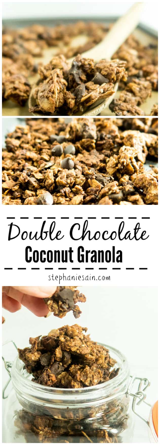 Double Chocolate Coconut Granola is loaded with intense chocolatey flavors and coconut flakes. Great as a healthy tasty snack or breakfast and it also a good topping for yogurt or smoothies. Gluten Free with Vegan Option.
