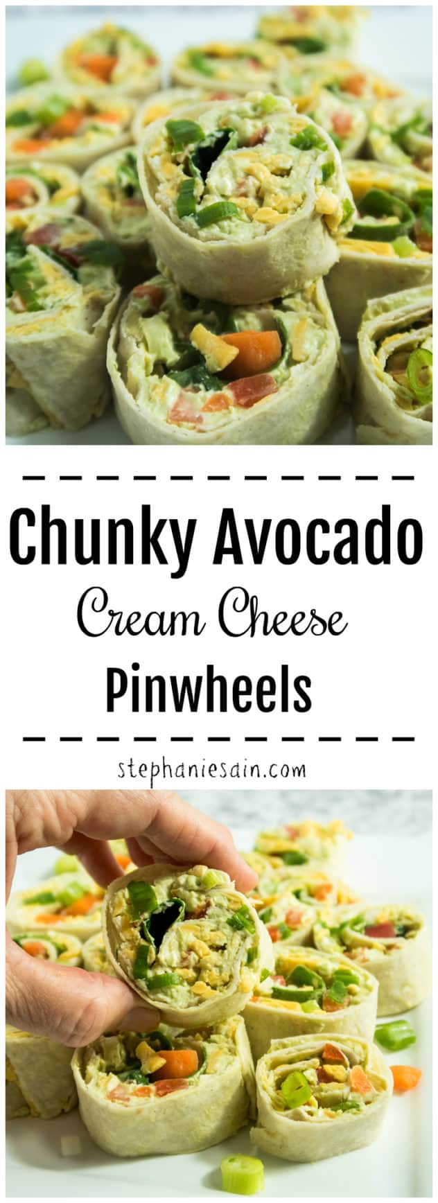 Chunky Avocado Cream Cheese Pinwheels are made with a tasty avocado spread and then loaded with all your favorite veggies. The perfect bite sized snack or even appetizer for entertaining. Gluten free & Vegetarian.