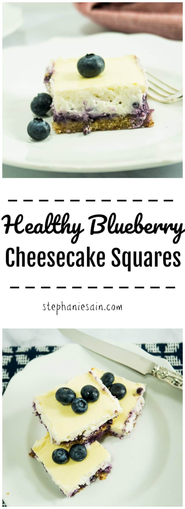 Healthy Blueberry Cheesecake Squares are the perfect little tasty bite sized treat. Lightened up and naturally sweetened for a treat you can feel good about eating. Gluten Free & Vegetarian.