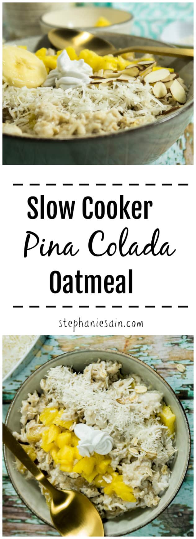Slow Cooker Pina Colada Oatmeal is an easy, tasty make ahead breakfast. Bursting with tropical flavors and aroma for a great way to start your day. Vegan and Gluten Free.