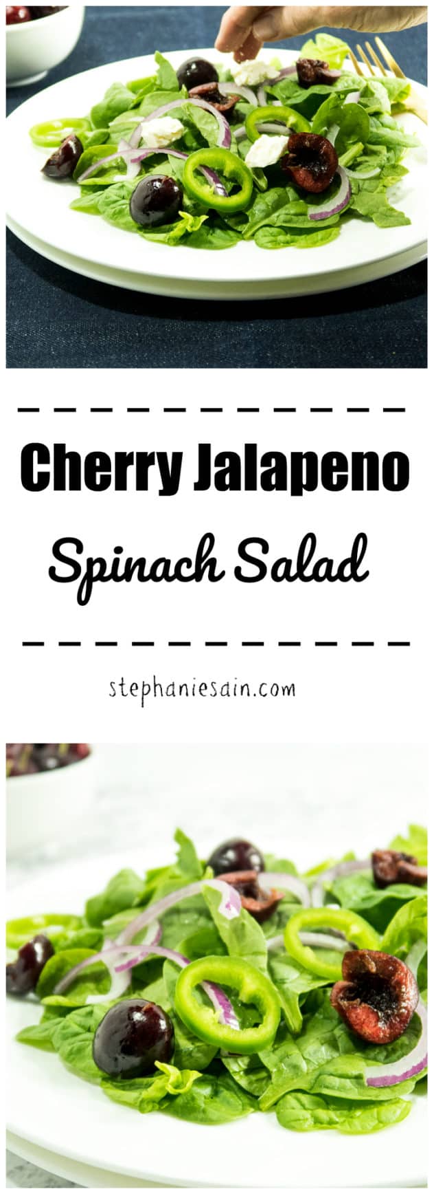 Cherry Jalapeno Spinach Salad is a light, refreshing summer salad. Bursting with sweet cherries, jalapeno and a balsamic vinaigrette. Gluten Free & Vegan Option.