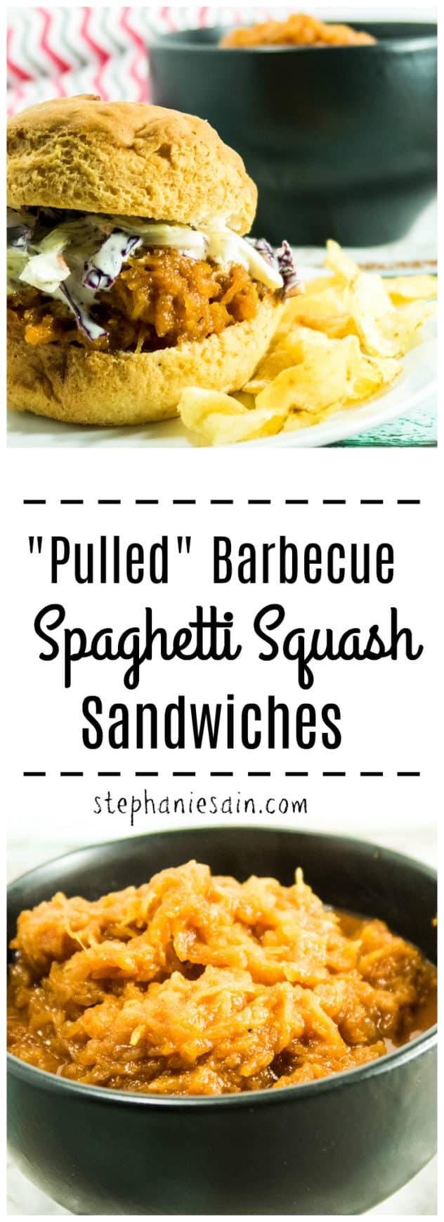 "Pulled" Barbecue Spaghetti Squash Sandwiches are a great vegetarian, vegan option for barbecue. Made with homemade BBQ sauce and topped with crunchy coleslaw. The perfect addition for a cookout or anytime. Gluten Free, Vegetarian, Vegan option.