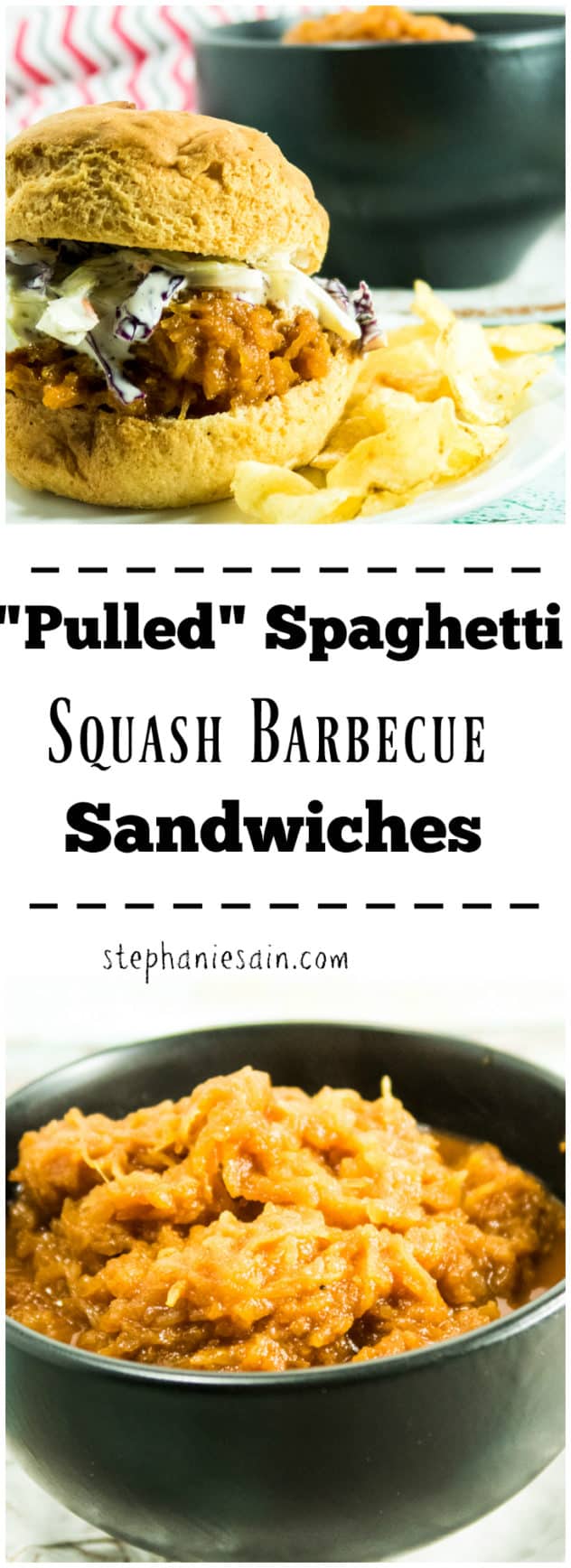 "Pulled" Spaghetti Squash Barbecue Sandwiches are a tasty, vegetarian or vegan option for your next cookout. Slow cooked with homemade BBQ sauce and served with your favorite toppings. Gluten free, Vegetarian, and Vegan option.