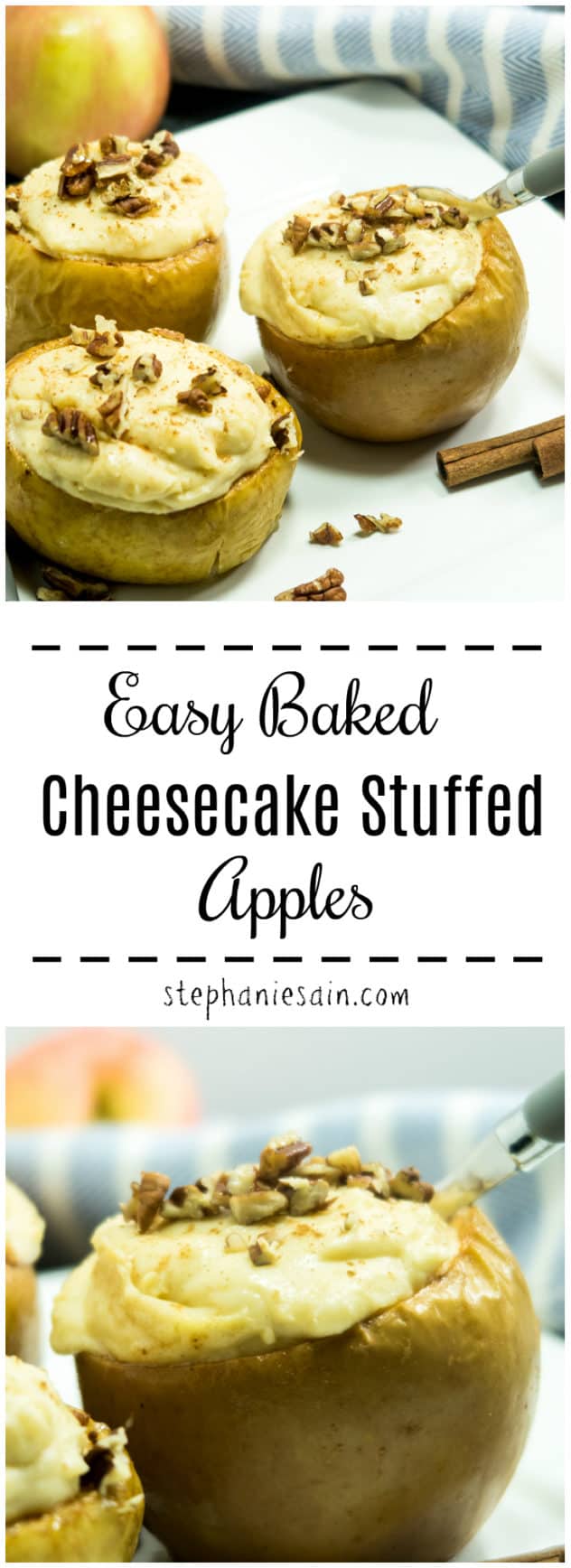 Easy Baked Cheesecake Stuffed Apples are the perfect Fallish dessert. They taste like apple pie & cheesecake combined and are made without any added refined sugars. Gluten Free & Vegetarian.