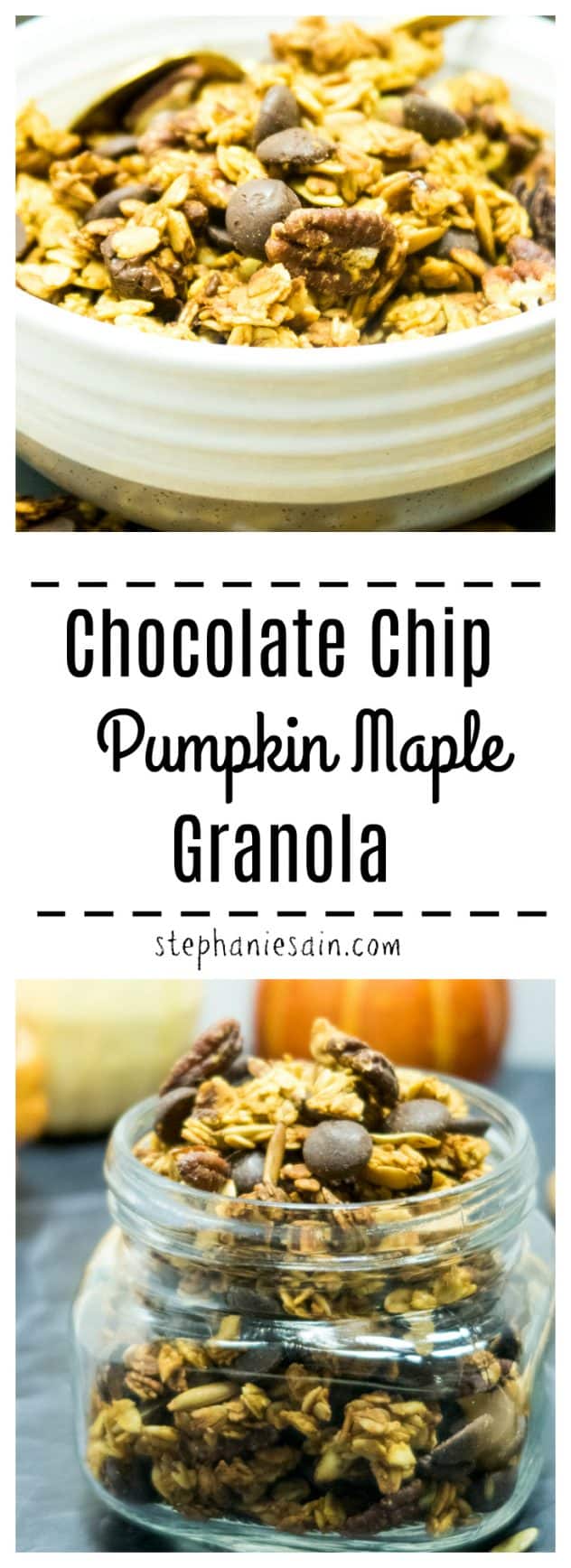 Chocolate Chip Pumpkin Maple Granola is an easy recipe bursting with Fall flavors of pumpkin, maple & pecans. Perfect for breakfast or a grab & go snacking. Vegan & Gluten Free.