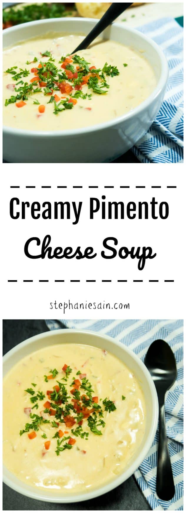 Creamy Pimento Cheese Soup is a thick, velvety smooth soup loaded with cheesy goodness & pimentos. Quick & Easy dinner the whole family will love. Vegetarian & Gluten Free.
