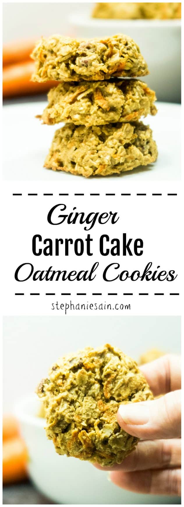 Ginger Carrot Cake Oatmeal Cookies are tasty little cookies with the flavors of carrot cake. Great for a healthy breakfast or quick snack. No Added refined sugars, Gluten Free, & Vegan option.