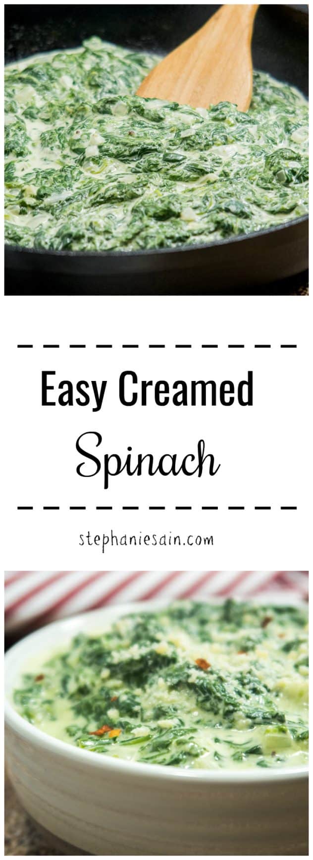 Easy Creamed Spinach is creamy, tasty, & delicious. Perfect to serve with your Holiday meal or any time. Can be ready and on the table in under 15 minutes. Gluten Free & Vegetarian.