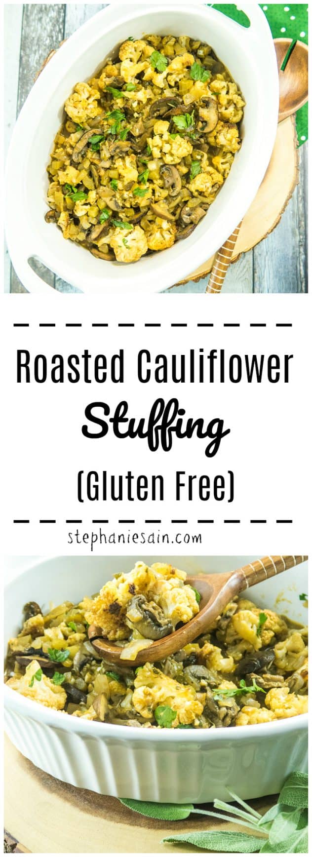 Roasted Cauliflower Stuffing is a low carb, gluten free alternative to traditional bread stuffing. Made with all the same traditional flavors, along with roasted cauliflower. Great as a holiday side or anytime. Vegan option .