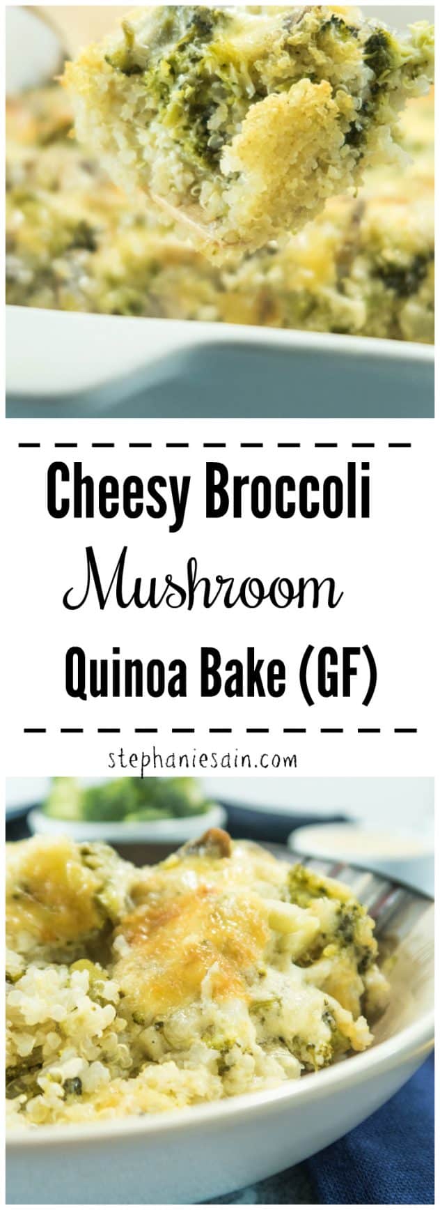 This Cheesy Broccoli Mushroom Quinoa Bake is chocked full of broccoli, mushrooms, cheese & quinoa. For a classic bowl of yummy comfort food with a health-ish twist. Gluten Free & Vegetarian.