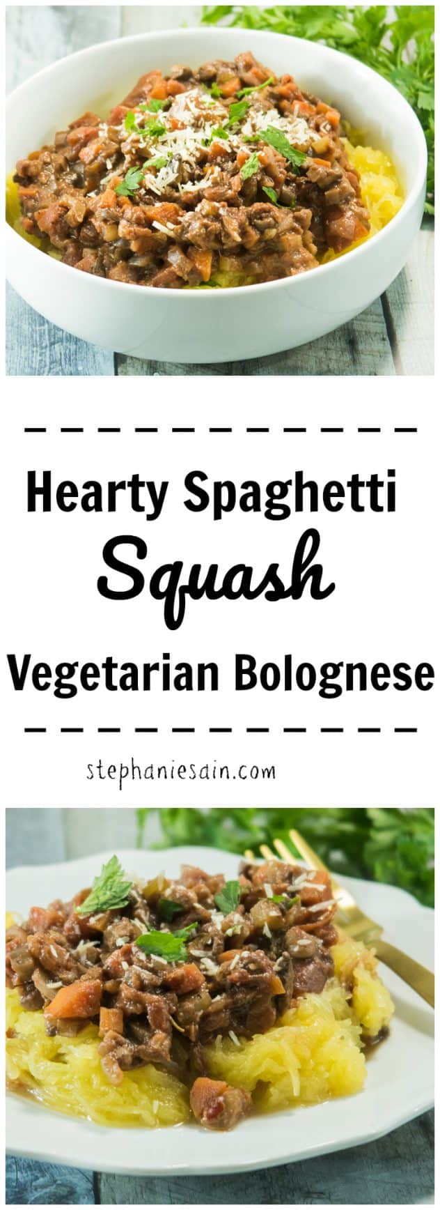 This Hearty Spaghetti Squash Vegetarian Bolognese is chocked full of onions, carrots, celery, & mushrooms. A tasty, filling meal that is perfect for any night of the week. Gluten free & Vegetarian.