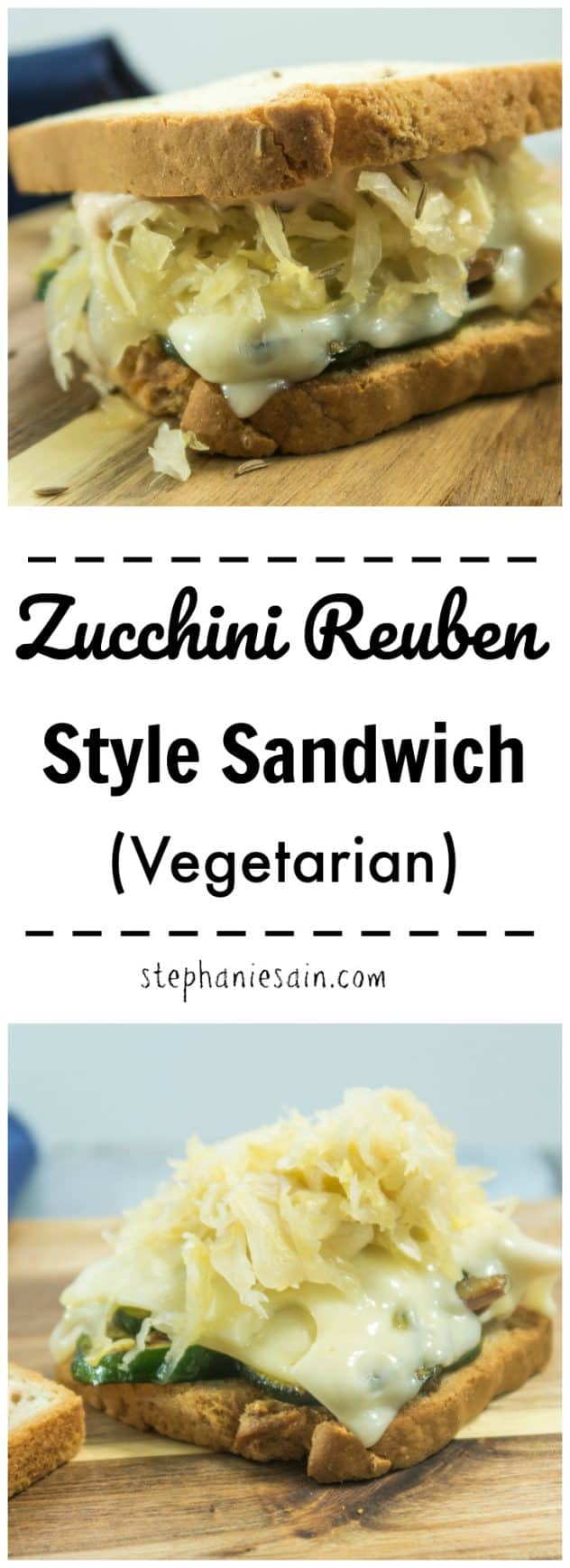 This Zucchini Reuben Style Sandwich is piled high with zucchini, red onion, Swiss cheese, & sauerkraut. Then layered between two slices of rye bread and a homemade thousand island dressing. Vegetarian & Gluten Free.