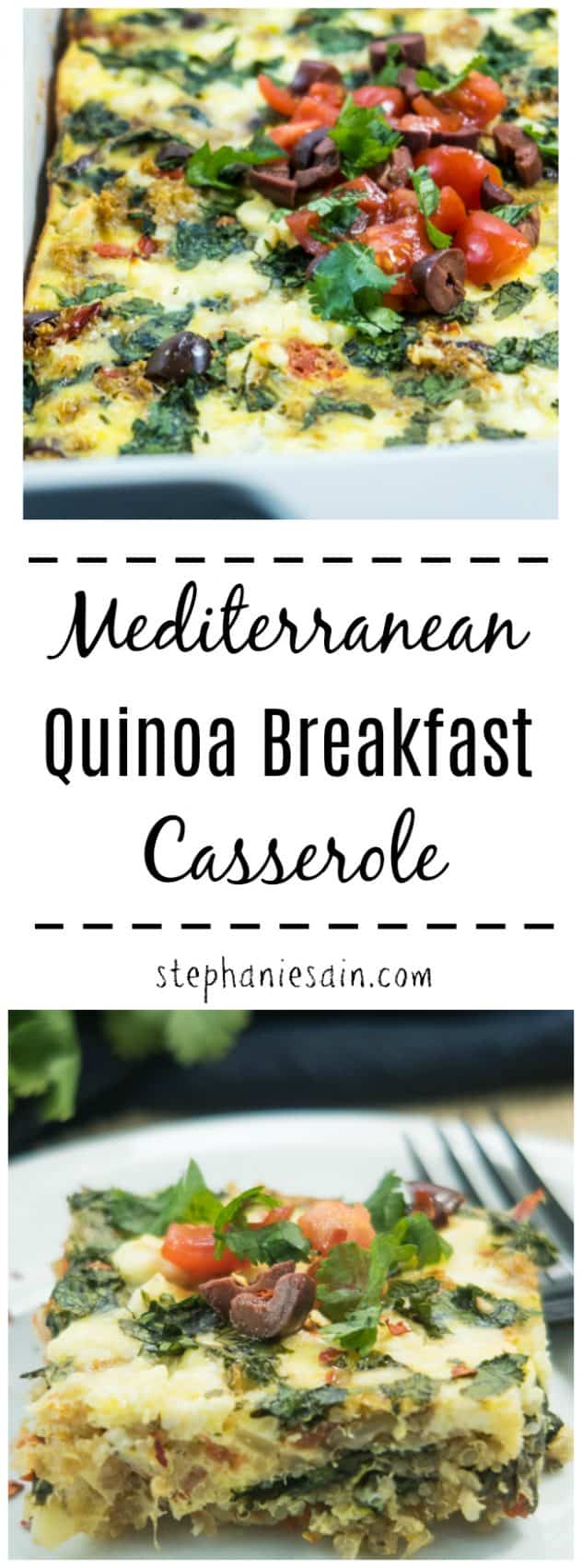 This Mediterranean Quinoa Breakfast Casserole is great for a special occasion brunch or even for an nice weekend breakfast. Loaded with tons of fresh veggies, olives, & feta cheese. Can be made ahead and reheated as needed. Gluten Free & Vegetarian.
