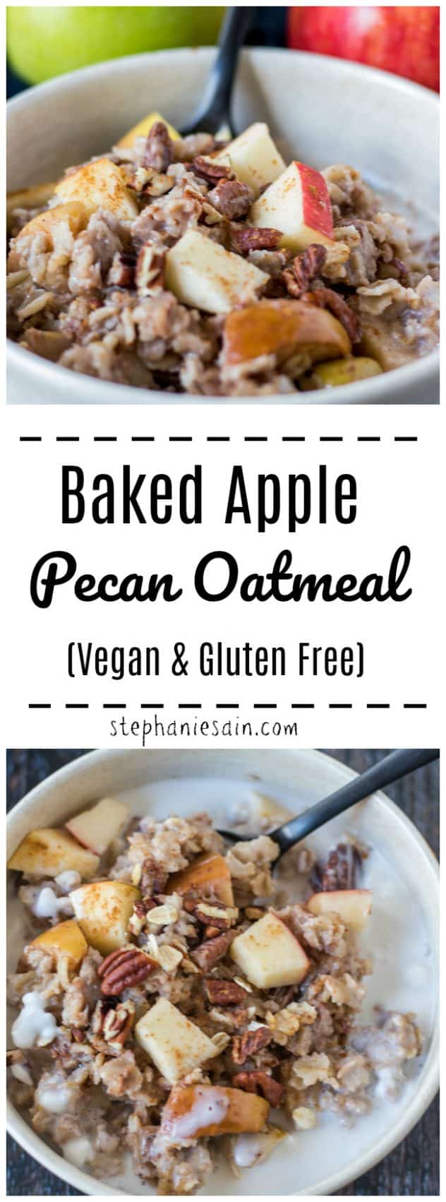 This Baked Apple Pecan Oatmeal is loaded with all the flavors of Fall. Apples, pecans, cinnamon & nutmeg baked in your oatmeal for a delicious breakfast the whole family will love. Also good for serving guests. Vegan & Gluten Free.